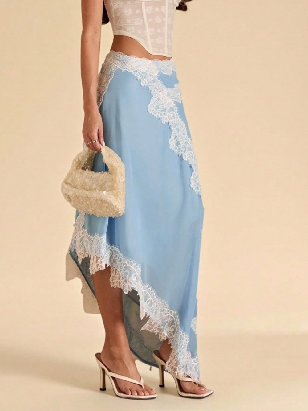 Baby Blue Elegant Women's Lace Trim Chiffon Skirt - Picture 4 of 8